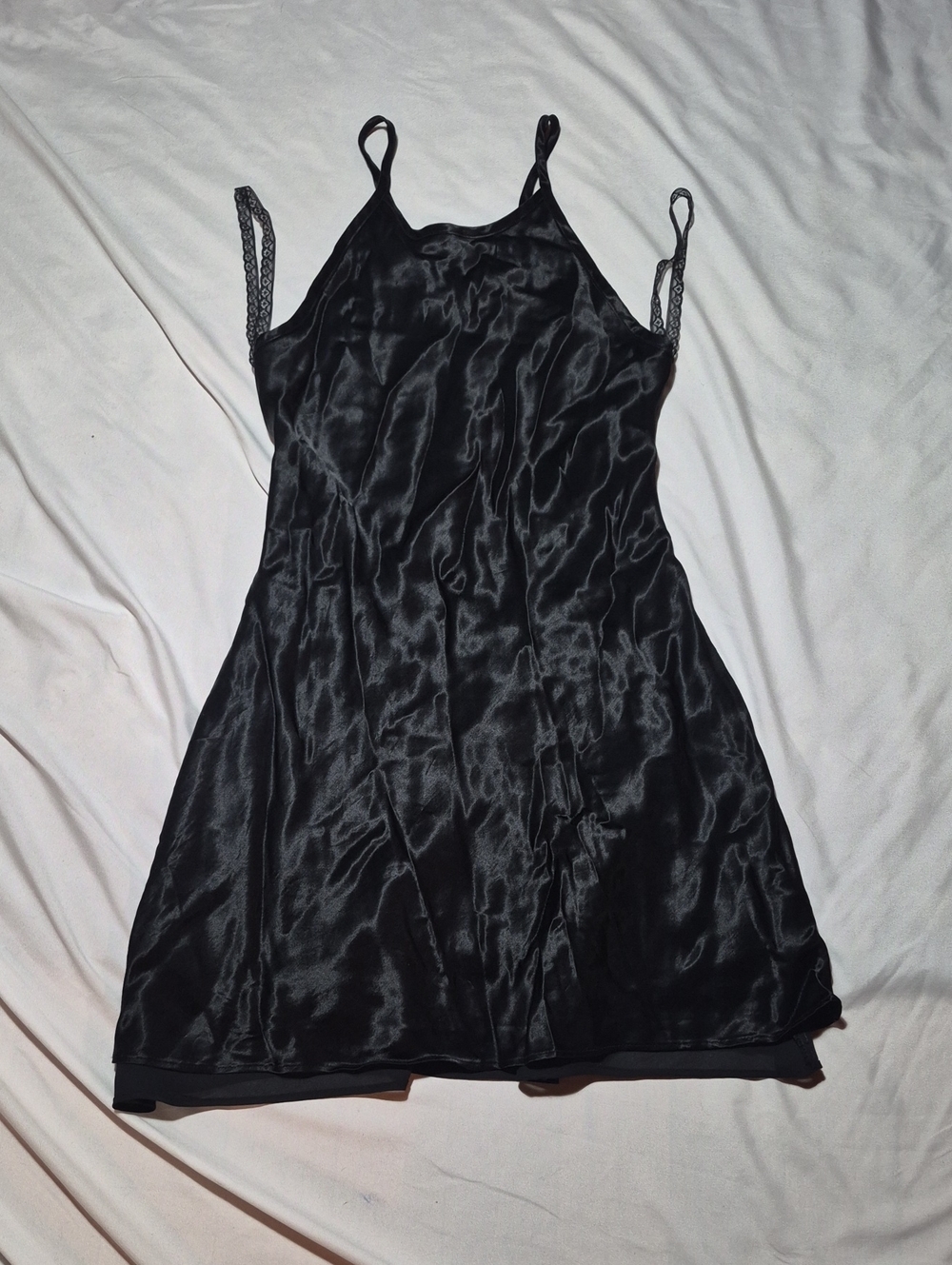 70's-80's Vintage Satin Black Slip Mini Dress with Lace Straps Made In Canada